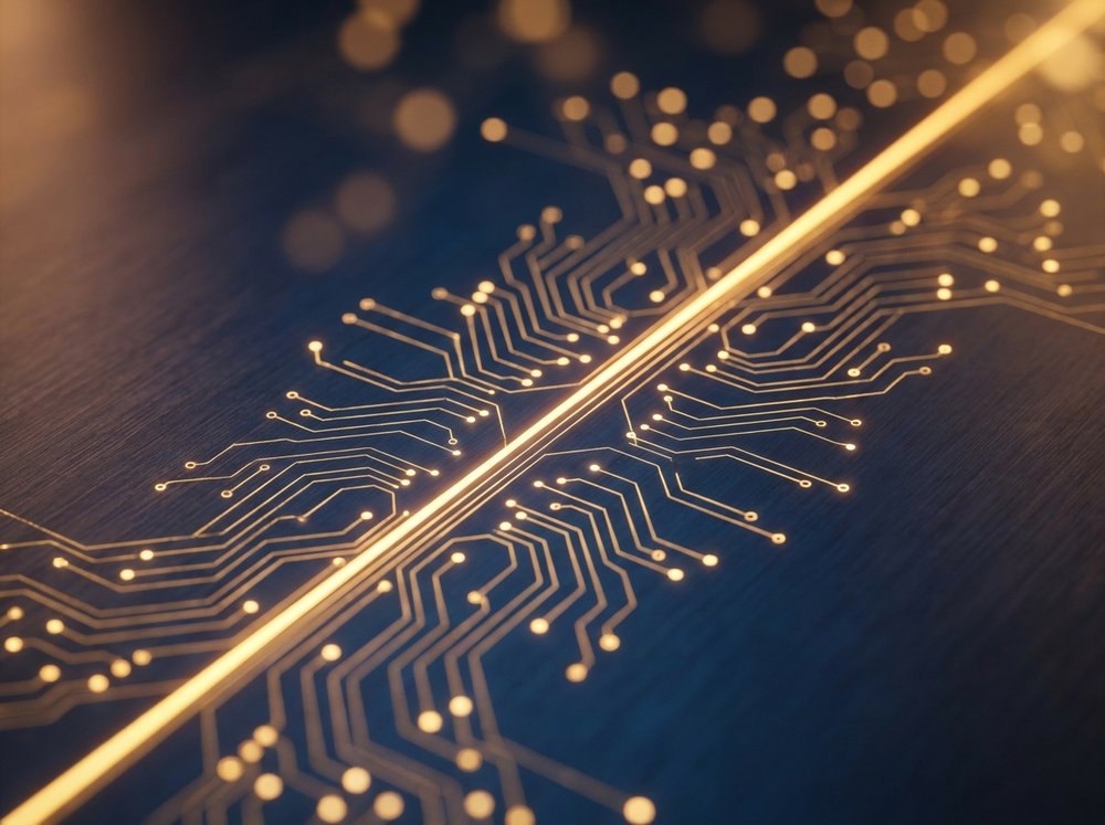 Golden circuit pathways on deep navy