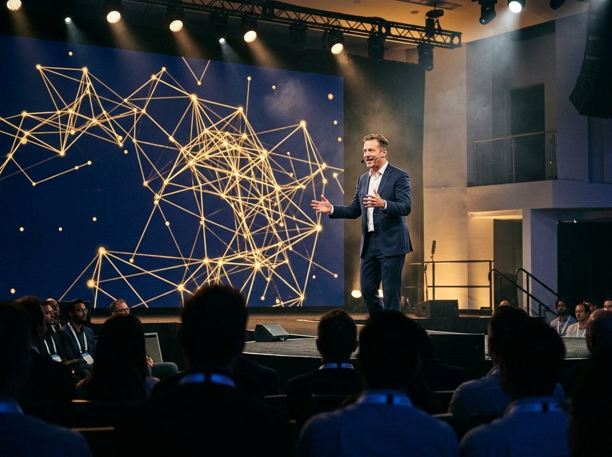 Keynote speaker on a tech-summit stage before a golden network display