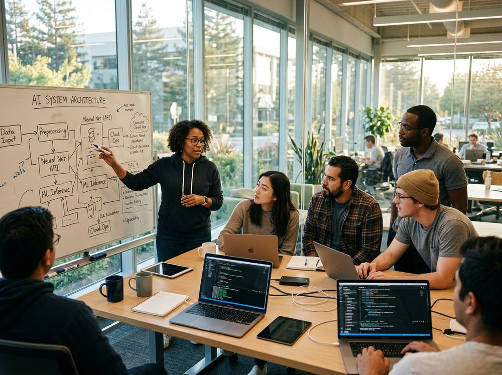 Team collaborating around an AI architecture whiteboard in a sunlit office